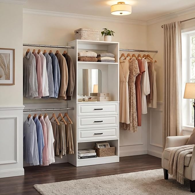 Unikito 48" W - 96” W Closet System with Mirror, 8FT Walk in Closet Organizer Kits with Drawers and 3 Extendable Hanging Rod, Sturdy Wood Clothing Garment Rack with 25” Tower, Max Load 1000 LBS, White