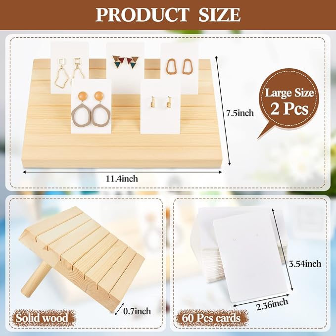 Marsui 62 Pcs Wood Earring Display Stand Earring Card Display 2 Sets of Holder with Cards Jewelry Stands for Selling