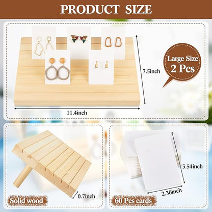 Marsui 62 Pcs Wood Earring Display Stand Earring Card Display 2 Sets of Holder with Cards Jewelry Stands for Selling