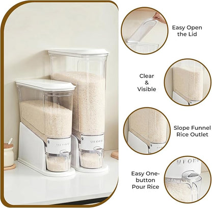 UFORU Rice Dispenser 11Lbs, Slim Rice Storage Container for Small Space, BPA-Free Clear Dry Food Dispenser Sealed Moisture Proof, Grain&Cereal Storage Bucket for Kitchen Pantry Household, White