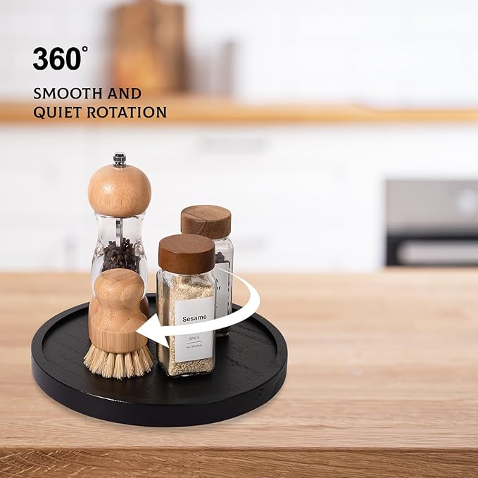 Wood Lazy Susan Organizer Kitchen Turntable for Cabinet Farmhouse Bathroom Decor Round Decorative Tray for Vanity, Counter, Sink, Coffee Table, 9 Inch, Black