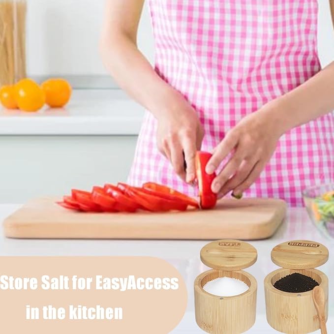 2 Pack Bamboo Salt and Pepper Bowls, Spice Cellar with Swivel Lid and Spoons, Round, 6 Ounces, Bamboo