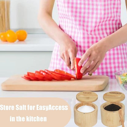 2 Pack Bamboo Salt and Pepper Bowls, Spice Cellar with Swivel Lid and Spoons, Round, 6 Ounces, Bamboo