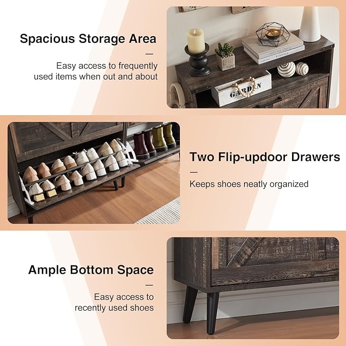 Barnyatoh Shoe Storage Cabinet,Farmhouse Shoe Organizer with 2 Flip Drawers & Barn Door Design,Freestanding Hidden Slim Narrow Shoe Rack Cabinet with Open Storage for Entryway, Foyer,Hallway, Dark oak