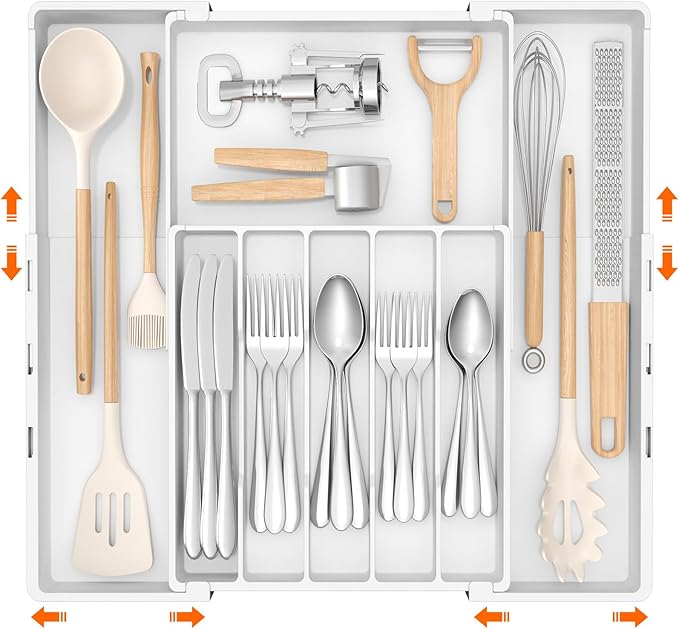 Lifewit Silverware Drawer Organizer, Expandable Utensil Tray for Kitchen, BPA Free Flatware and Cutlery Holder, Adjustable Plastic Storage for Spoons Forks Knives, 5-8 Slots, White