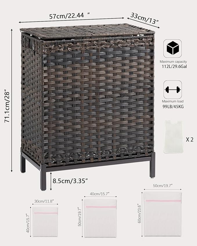 SETVSON Laundry Hamper with Lid, 112 L Handwoven Rattan Wicker Laundry Basket, 2 Removable Liner Bags Metal Heightened Feet, 6 Mesh Bags, 2 Section Large Clothes Hamper for Bathroom Bedroom, Brown