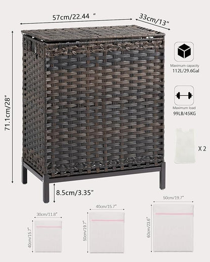 SETVSON Laundry Hamper with Lid, 112 L Handwoven Rattan Wicker Laundry Basket, 2 Removable Liner Bags Metal Heightened Feet, 6 Mesh Bags, 2 Section Large Clothes Hamper for Bathroom Bedroom, Brown