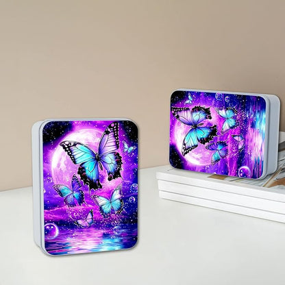 Metal Tin Box with Lid for Game Cards Home Organizer Candles Keys Crafts Storage - Equipped with 4 Magnetic Cord Clips，Purple Moon Blue Butterfly