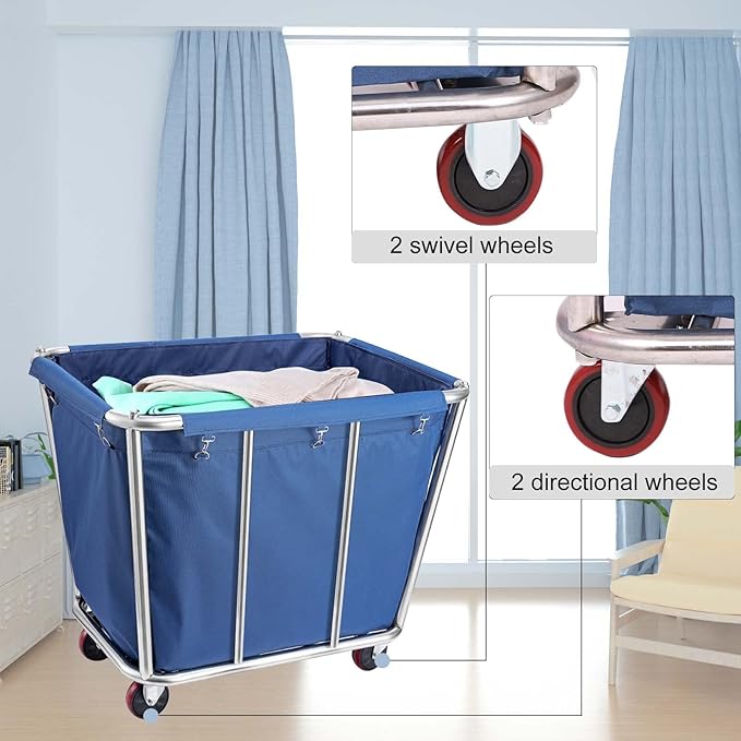Laundry Cart Commercial/Home,10 Bushels Heavy Duty Large Stainless Steel Rolling Laundry Basket with Wheels，for Laundry/Toys/Sundries Organizer and Storage,260LBS Load