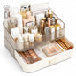Makeup Organizer with Wide Drawer for Vanity, Stackable Cosmetic Organizer Countertop, Clear Skincare Storage for Bathroom Counter, Perfume, Lipstick, Brushes and Palettes, Cream White