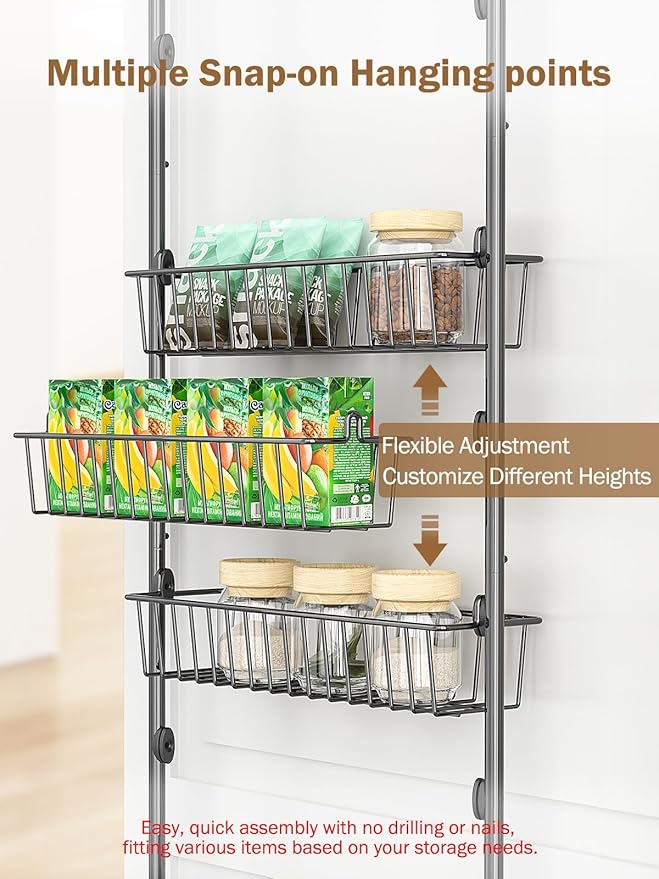 Delamu Over The Door Pantry Organizer, 9-Tier Pantry Door Organizers and Storage with Adjustable Basket, Metal Hanging Spice Rack, Seasoning Organizer, Door Organizer for Home Kitchen Bathroom, Black