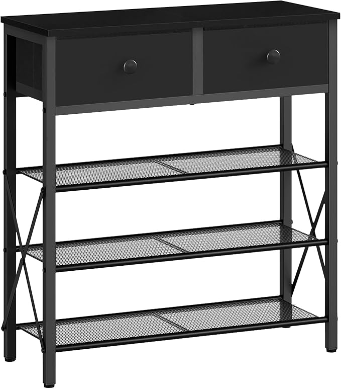 YATINEY 4 Tier Shoe Rack, Large Capacity Shoe Storage Organizer, Metal Shoe Shelf with Drawer and Wooden Top, for 16 Pairs of Shoes, for Entryway, Closet, Black SS24BB