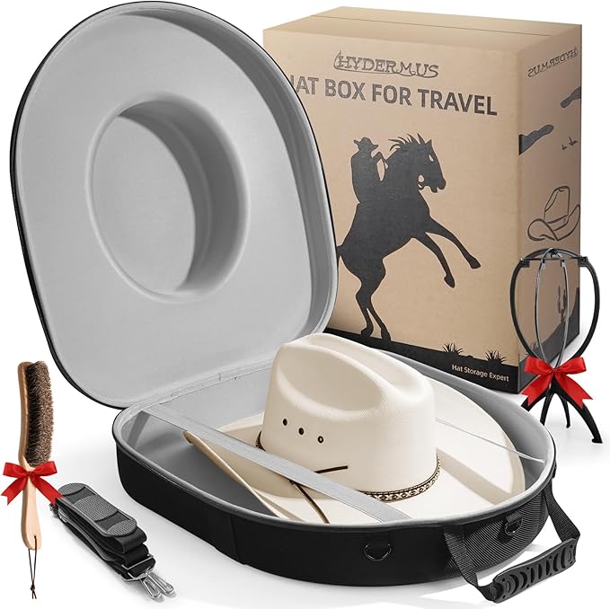 Hat Can for Cowboy Travel Extra Large, Waterproof Hard Case Box Storage for Fedora Panama Tweed Cap Holder Organizer Carrier with Adjustable Carry Strap, Men's Western Gifts, Large Grey Interior