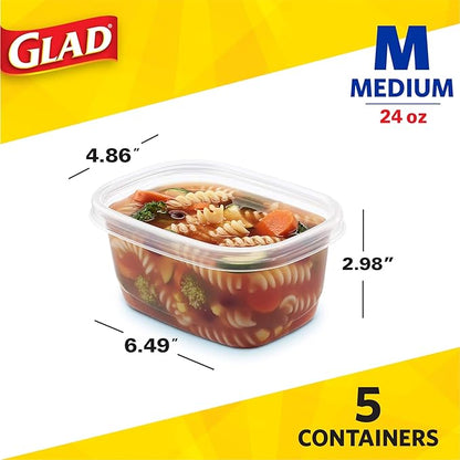Glad GladWare Medium Rectangle Food Storage Containers with Lids, BPA Free Plastic for Soups Salads and Meal Prep, Airtight Leak Resistant, Microwave Dishwasher Freezer Safe, 24 Oz, 5 Count