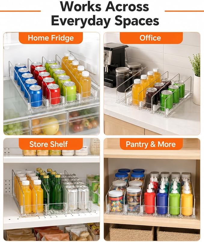 Can and Bottle Sliding Organizer Tray,Front-Fridge Self-Feed Beverage Rack for Kitchen,Pantry,Convenience Store,Retail Shelves(75-340 mm)