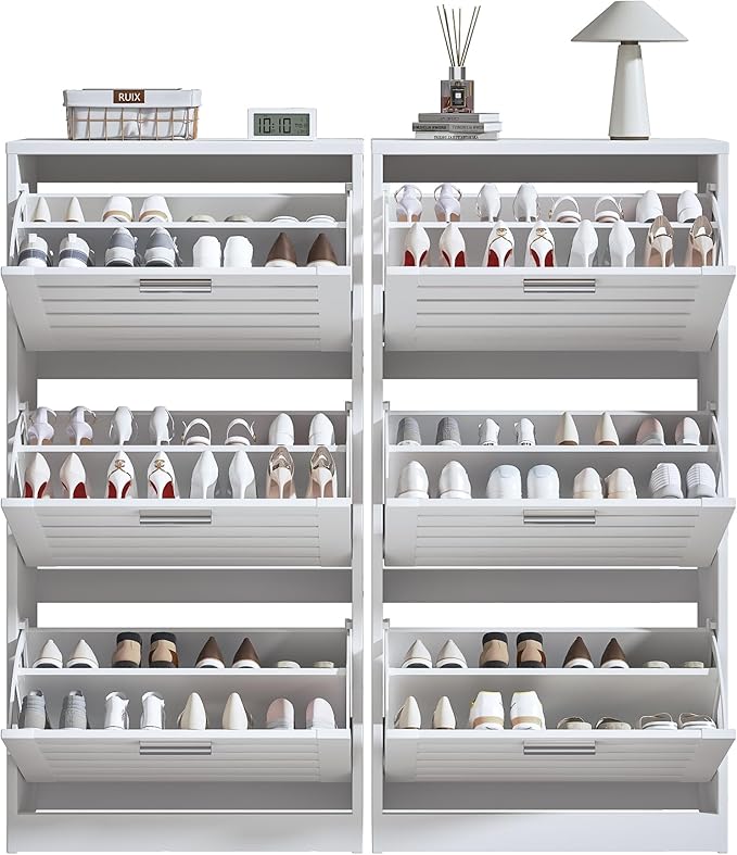 VECELO Shoe Cabinet Storage for Entryway with 3 Flip Drawers Slim Hidden Free Standing Organizer for Narrow Hallway, Bedroom, Living Room, Large Capacity, Modern, White, 3-Shelf