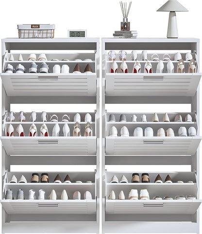 VECELO Shoe Cabinet Storage for Entryway with 3 Flip Drawers Slim Hidden Free Standing Organizer for Narrow Hallway, Bedroom, Living Room, Large Capacity, Modern, White, 3-Shelf