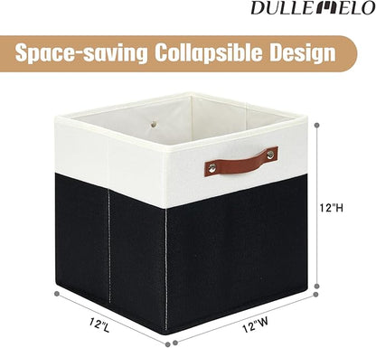 DULLEMELO Fabric Storage Bins for Shelves, Cube Storage Organizer Bins with PU Handles, Set of 4 Decorative Collapsible Storage Bins for Cube Storage,White&Black
