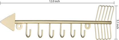 MyGift Brass-Tone Metal Wall Mounted Arrow Design Necklace Organizer Rack with 6 Hooks, Set of 2
