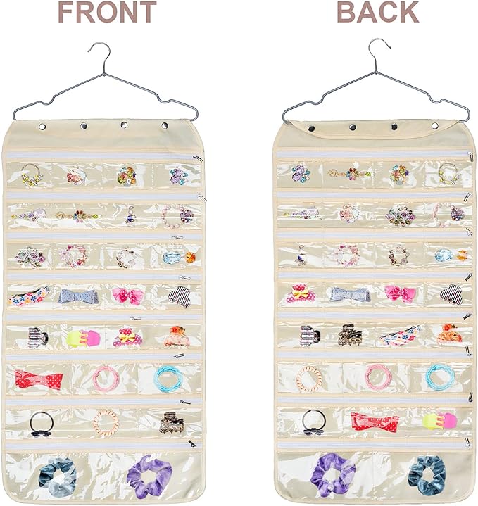 Luney Hanging Jewelry Organizer with Zippers, 56 Pockets Earring Holder Organizer with Pockets for Woman, for Hanging Earrings, Necklaces, Bracelets, Rings, Storage, Closet (Beige)