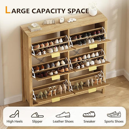 YOMILUVE 47.3" Shoe Cabinet Storage for Entryway, Fluted Shoe Cabinet with 6 Flip Drawers, Slim Shoe Rack Freestanding Wooden Shoe Organizer with Legs for Hallway, Oak