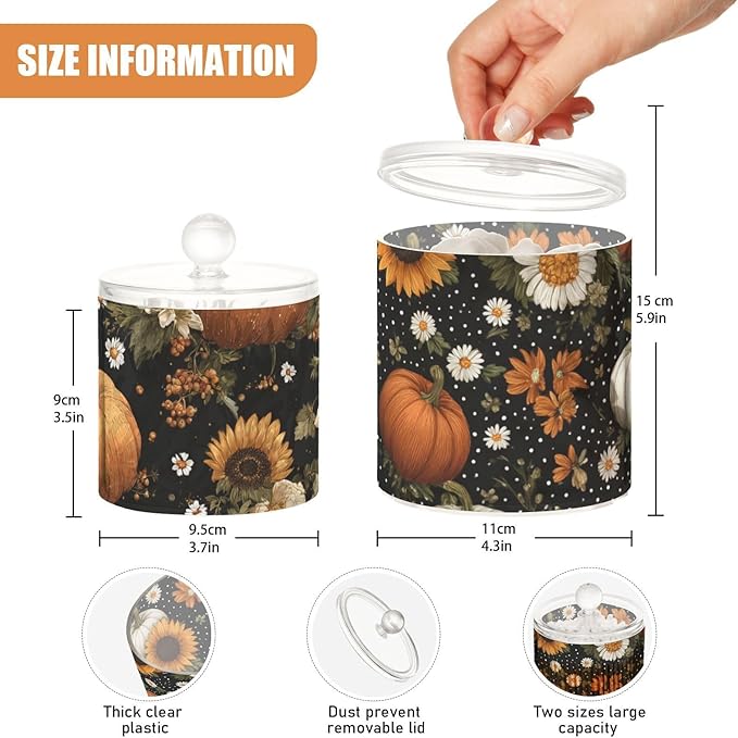 2 Pack Qtip Dispenser Apothecary Jars with Lids Cotton Round Holder Bathroom Canisters for Cotton Swab Floss Ball Pads Clear Plastic Decorative Black Pumpkins Sunflowers Daisy