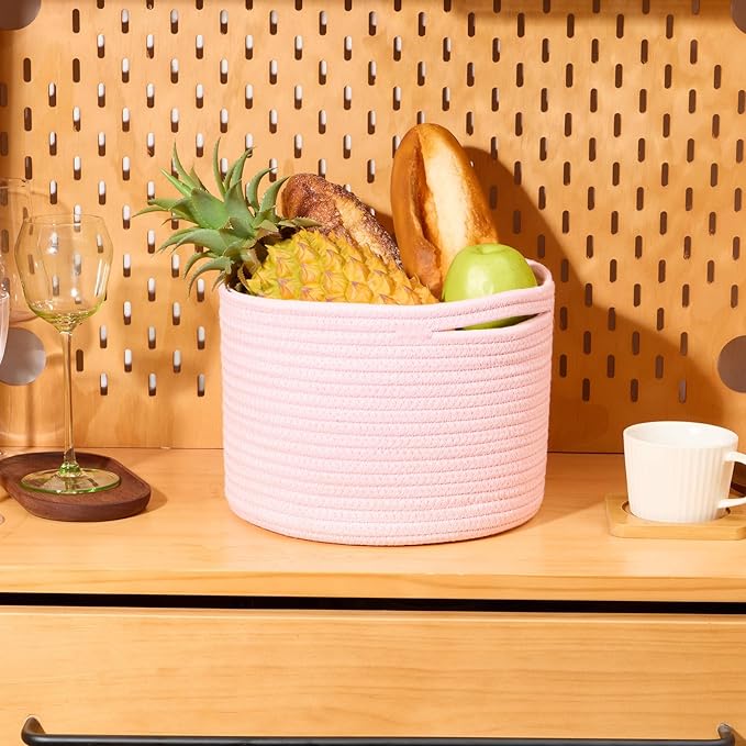 MiniArk Small Basket for Organizing | Cube Shelf Closet Storage Baskets | 9.7×9.7×7.1” | Woven Rope Gift Basket | Nursery | Round 3 Packs Light Pink