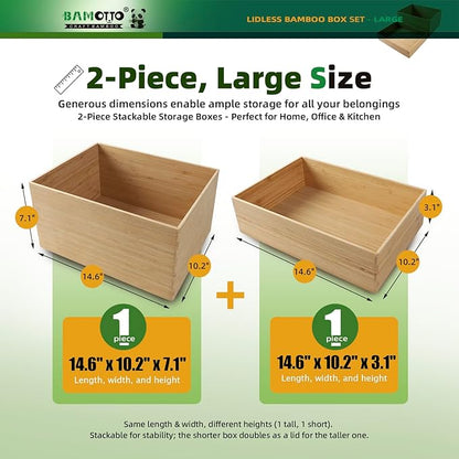BAMOTTO CRAFTBAMBOO 2-Piece Large Bamboo Storage Box Set - 7.1in High Stackable Deep-Drawer Organizer, Lidless Bin for Kitchen Cutlery Utensils, Home & Office (14.6"x10.2"x7.1"+14.6"x10.2"x3.1")
