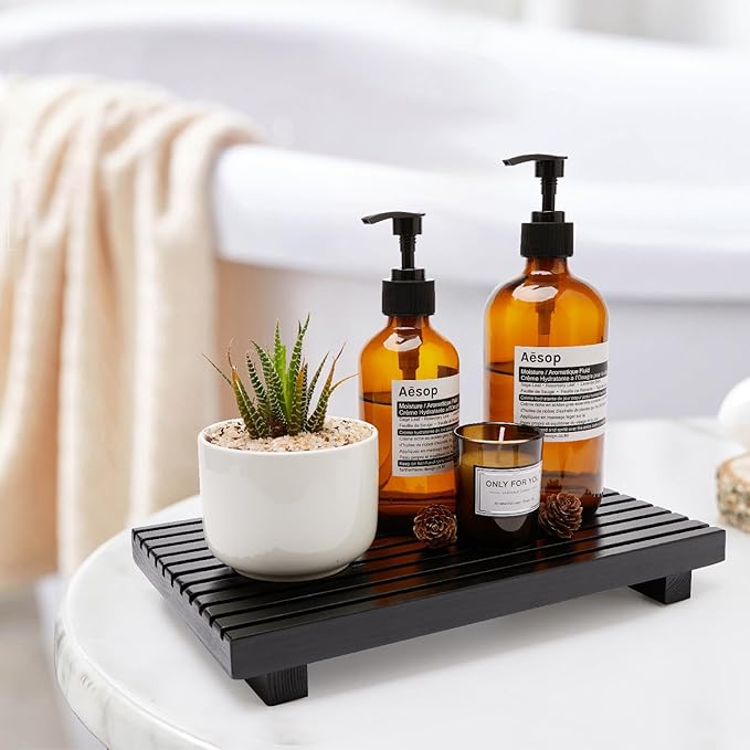 Black Wood Riser Display Stand for Bathroom Organizer Tray Kitchen Counter Decor Sink Accessories Decorative Wooden Pedestal for Kitchen Soap Tray Vanity Bathroom Counter Decor Dish Soap Holder