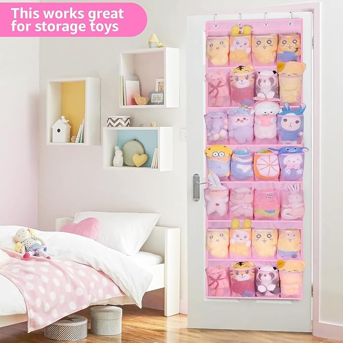 MISSLO Kids Over the Door Shoe Organizer Pink Hanging Shoe Rack Baby Toddler Hanging Shoe Organizer Cute Shoe Holder Girl Room Decor 28 Pockets