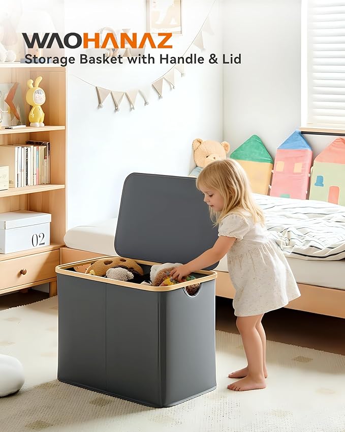 Storage Basket with Lid and Handles, 100L Fabric Bin with Divider for Shelf, Closet, Toy Organization, Collapsible Storage Organizer for Home, Grey