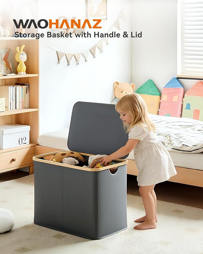 Storage Basket with Lid and Handles, 100L Fabric Bin with Divider for Shelf, Closet, Toy Organization, Collapsible Storage Organizer for Home, Grey