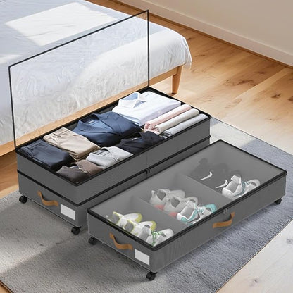 Under Bed Storage with Wheels 2-Pack, 75L XXL Under the Bed Storage Containers Large, 12" Tall Adjustable Storage for Underbed with Lids, Rolling for Shoes, Clothes, Blankets (Grey)