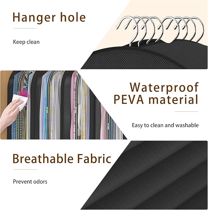 Black Garment Bags for Hanging Clothes 4 Packs, 10“ Gusseted and 43" Clothes Protectors for Hanging Clothes for Closet, Shirts, Coats, Dresses