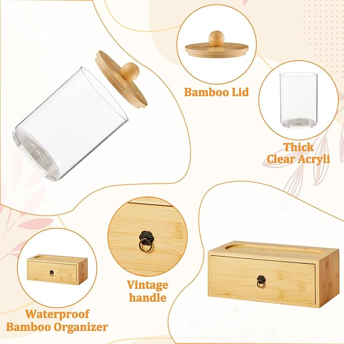 GNILLKO 3 Pack Qtip Holder Bathroom Set, Cotton Ball and Qtip Holder with Tray Drawer, Bathroom Jars with Lids Set for Cotton Ball Round Swab Pad Hair Ties Floss Perfume Jewelry