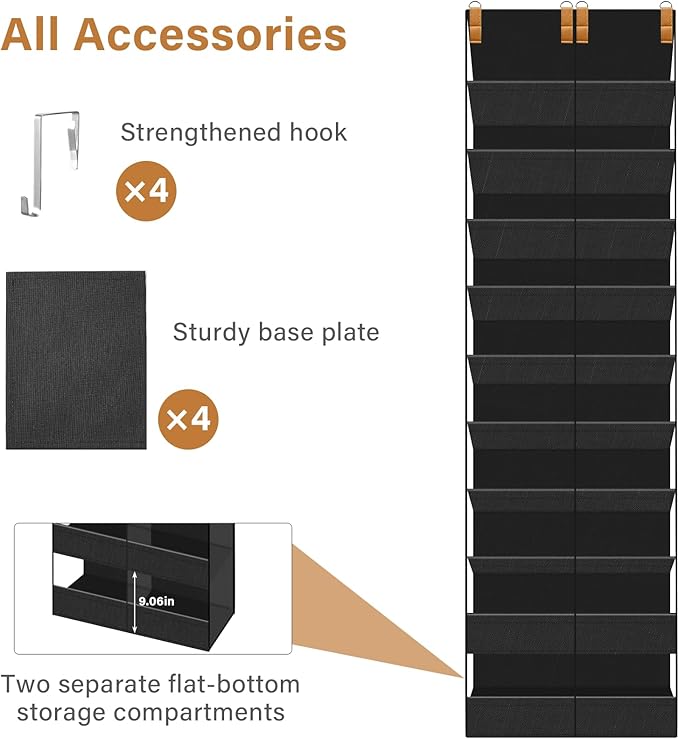 20-30 Pairs Over the Door Shoe Organizer,Side Clear Hanging Shoe Organizer,10-Tier Shoe Storage with 2 Flat Storage Layers,Door Shoe Organizer Fit All the Family’s Sneakers, Boots, Heels,Black