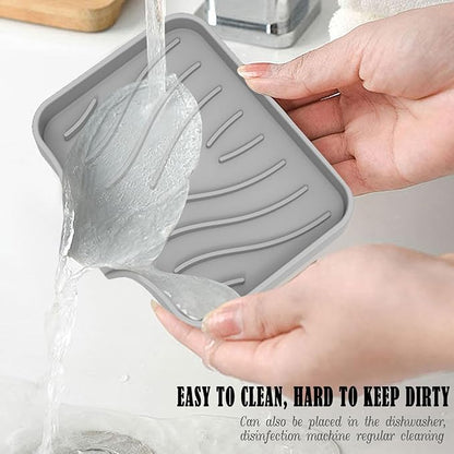 Silicone Soap Dish 2-Pack Black & Gray- Fast-Draining Bathroom Sink Organizer, Non-Slip Shower Soap Tray with Drainage, Durable Silicone Holder for Kitchen & Bathroom (4.72x3.94x0.67 in)