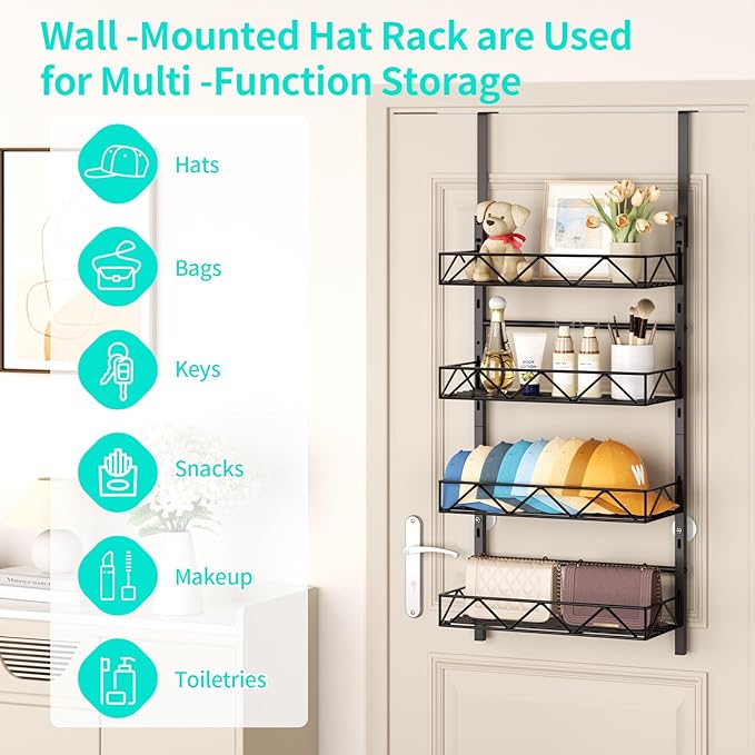 HapiRm Over the Door Hat Organizer - 4 Tier Wall Mounted Hat Rack with 4 Adjustable Metal Basket, Baseball Caps Organizer Storage Holds up to 40 Caps for Door, Bedroom, Closet (Black)