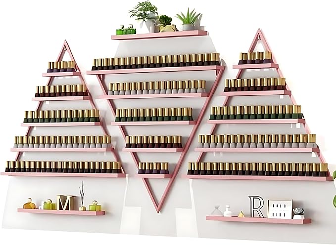 Wall-Mounted Nail Polish Rack, Set of 6 Triangular Pink Nail Polish Shelf Lipstick Perfume Cosmetic Display Shelf for Home Spa Nail Salon Shop