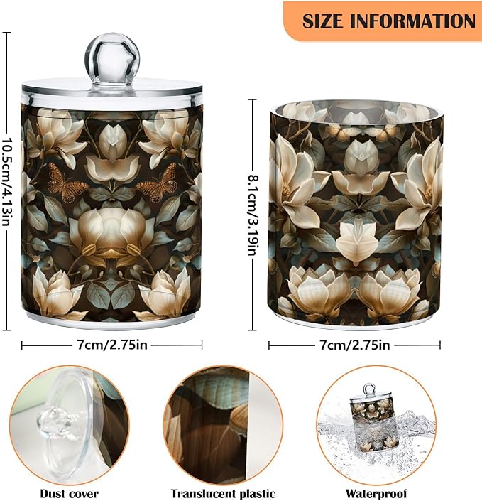 4 Pack Magnolia Flowers Apothecary Jars with Lid, Qtip Holder Storage Containers for Cotton Ball, Swabs, Pads, Clear Plastic Canisters for Bathroom Vanity Organization (10 Oz)