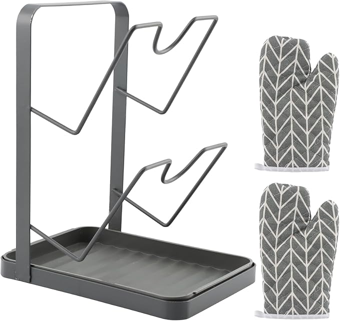 Stainless Steel Pot Lid Holder While Cooking Kitchen Pot Lid Storage Rack Pots Lids Holder With Tray and 2pcs Gloves Kitchen Organizer Stand for Stove Top(COLOR:black)