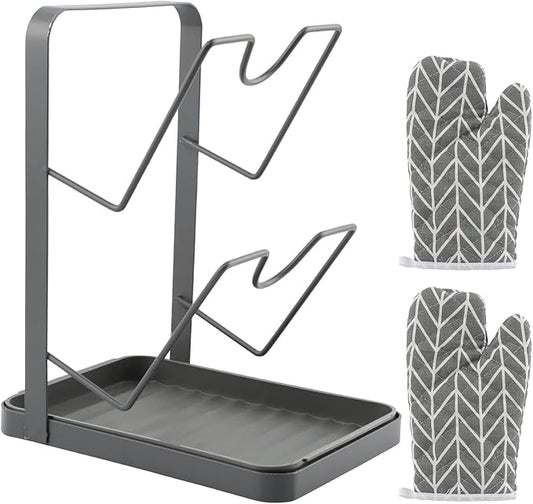 Stainless Steel Pot Lid Holder While Cooking Kitchen Pot Lid Storage Rack Pots Lids Holder With Tray and 2pcs Gloves Kitchen Organizer Stand for Stove Top(COLOR:black)