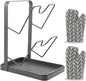 Stainless Steel Pot Lid Holder While Cooking Kitchen Pot Lid Storage Rack Pots Lids Holder With Tray and 2pcs Gloves Kitchen Organizer Stand for Stove Top(COLOR:black)