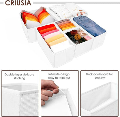 Criusia 6 Pack Clothes Drawer Organizer, Fabric Foldable Closet Dresser Drawer Organizer for Clothing, Bra Sock Underwear Drawer Organizer for Nursery Dorm Bedroom Organization (6 Bins, White)