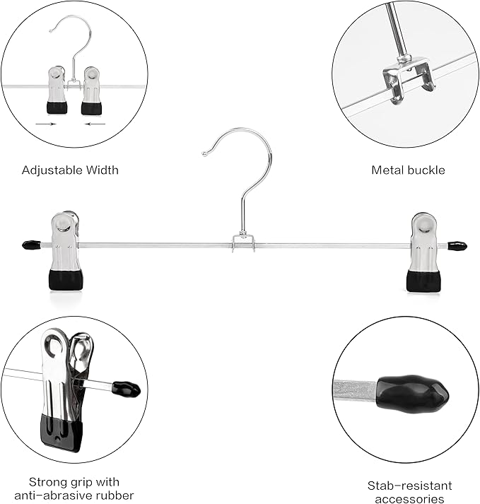 Metal Pants Hangers with Clips, Lightweight Skirt Hangers, 13 Inch, Strong Grip Clips, Black and Silver, 15 lb Capacity