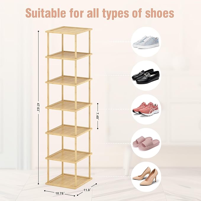 MHXW SXPN Bamboo Free Standing Shoe Rack Shelf Multi Tier Tall Wooden Stackable Shoes Rack Organizer for Closet Front Door Entrance Narrow Vertical Shoe Storage (Bamboo, 7 Tiers)