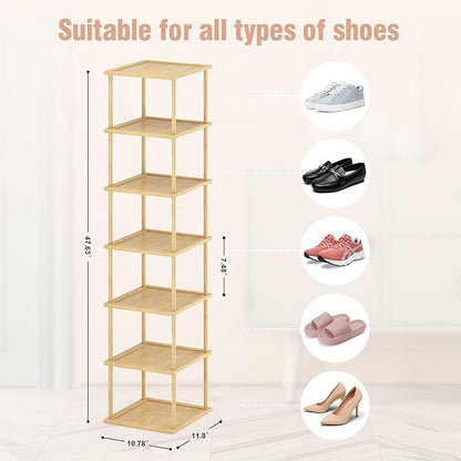 MHXW SXPN Bamboo Free Standing Shoe Rack Shelf Multi Tier Tall Wooden Stackable Shoes Rack Organizer for Closet Front Door Entrance Narrow Vertical Shoe Storage (Bamboo, 7 Tiers)