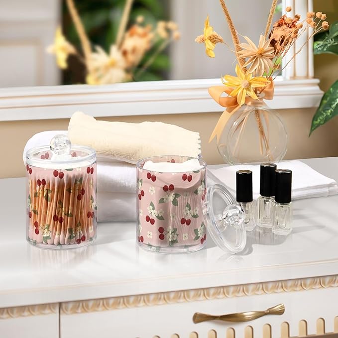 Milk Cow Qtip Holder with Lid 2PCS Apothecary Jars Storage Containers, Clear Plastic Canister for Cotton Swab,Floss Picks, Cosmetics (Sweet Cherrys, one sizex4)