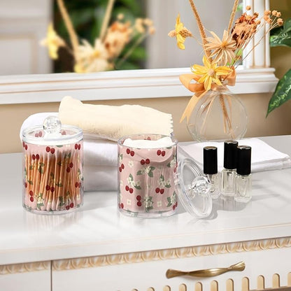Milk Cow Qtip Holder with Lid 2PCS Apothecary Jars Storage Containers, Clear Plastic Canister for Cotton Swab,Floss Picks, Cosmetics (Sweet Cherrys, one sizex4)