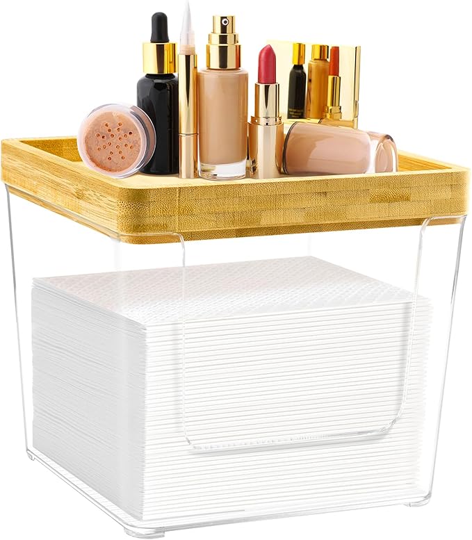 GRETJOB Disposable Face Towel Holder Box, Acrylic Facial Container for XL Clean Skin Club, Large Storage With Bamboo Lid Towel Organizer Container for Bathroom, Vanity Makeup, Clear